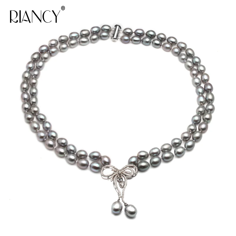 gray pearl necklace Высококачественное Двухслойное жемчужное ожерелье 8-9 мм серое натуральное пресноводное жемчужное колье 925 серебро для женщин классическое жемчужное ювелирное изделие - Цвет камня: gray pearl necklace
