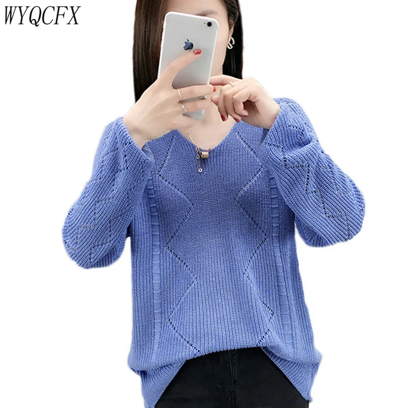 2019 весенний пуловер с дырочками вязаный свитер для женщин свободный v-образный