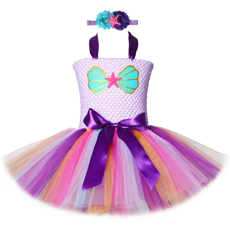 Dress and Headband Платье-пачка русалки для девочек с повязкой на голову; наряд для дня рождения; вечерние платья для девочек; костюм принцессы русалки - Цвет: Dress and Headband