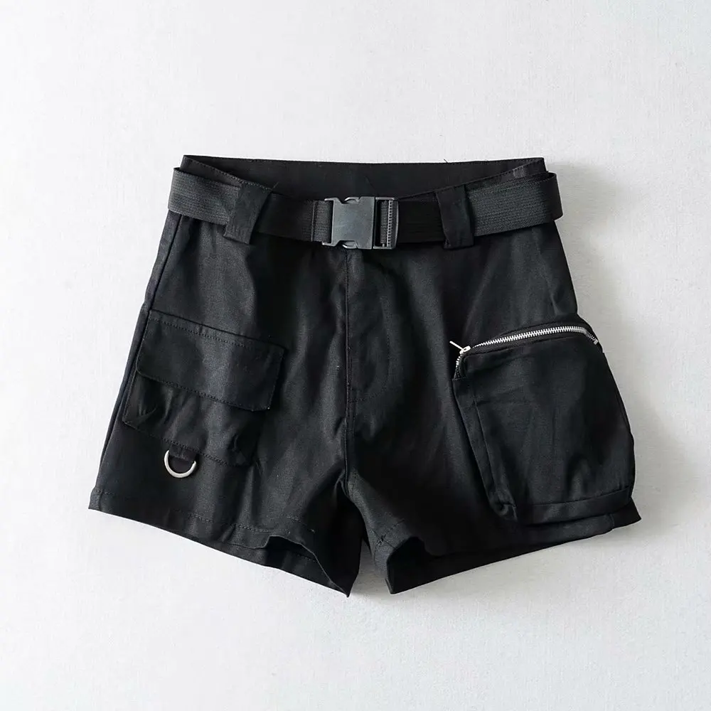 Женские винтажные шорты с высокой талией черные байкерские хлопковые в