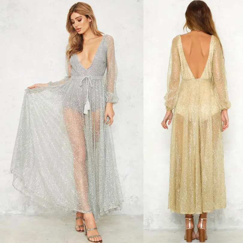 Женское сексуальное платье с глубоким v-образным вырезом длинным рукавом и