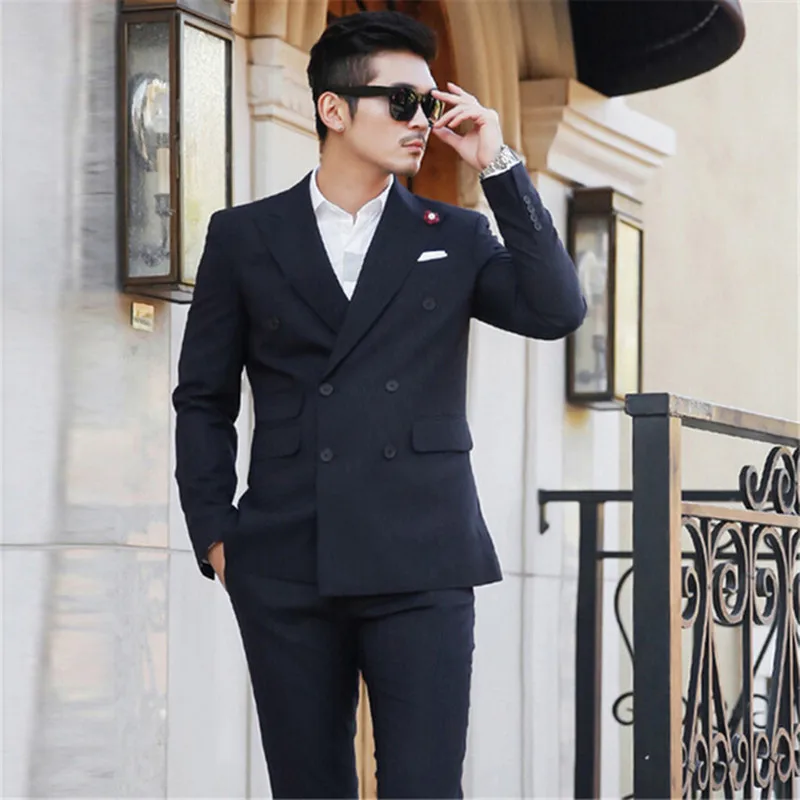NoEnName_Null Slim Fit Для мужчин костюмы 2017 классические брюки черный двубортный из 2