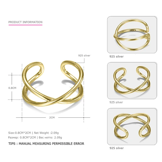 EMRG001-2 gold E-манко 2 слоя открытые кольца 925 пробы Серебряные кольца для Для женщин простой Мода Fine Jewelry девушка подарки оптом Fine Jewelry - Цвет основного камня: EMRG001-2 gold