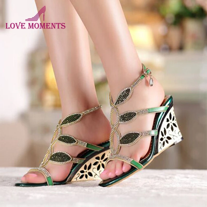 

Fashion Royal Blue Green Rhinestone Summer Sandals Wedge Heel Open Toe Crystal Prom Shoes 3" High Heel Graduation Prom Pumps