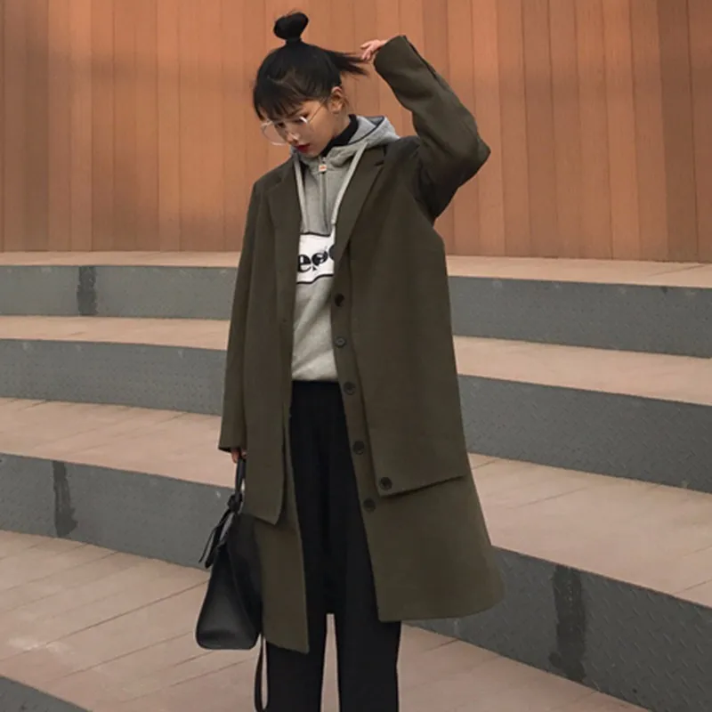 XIZIHUPAN Woolen Coat Female Long Sleeve Turn Down Collar Loose Thick Overcoat Button Solid Colour Top Fashion New Tide | Женская одежда