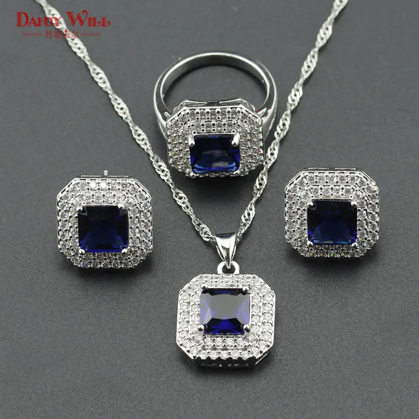 Синий CZ серебряный цвет костюм Ювелирные наборы Кулон ожерелье кольца серьги