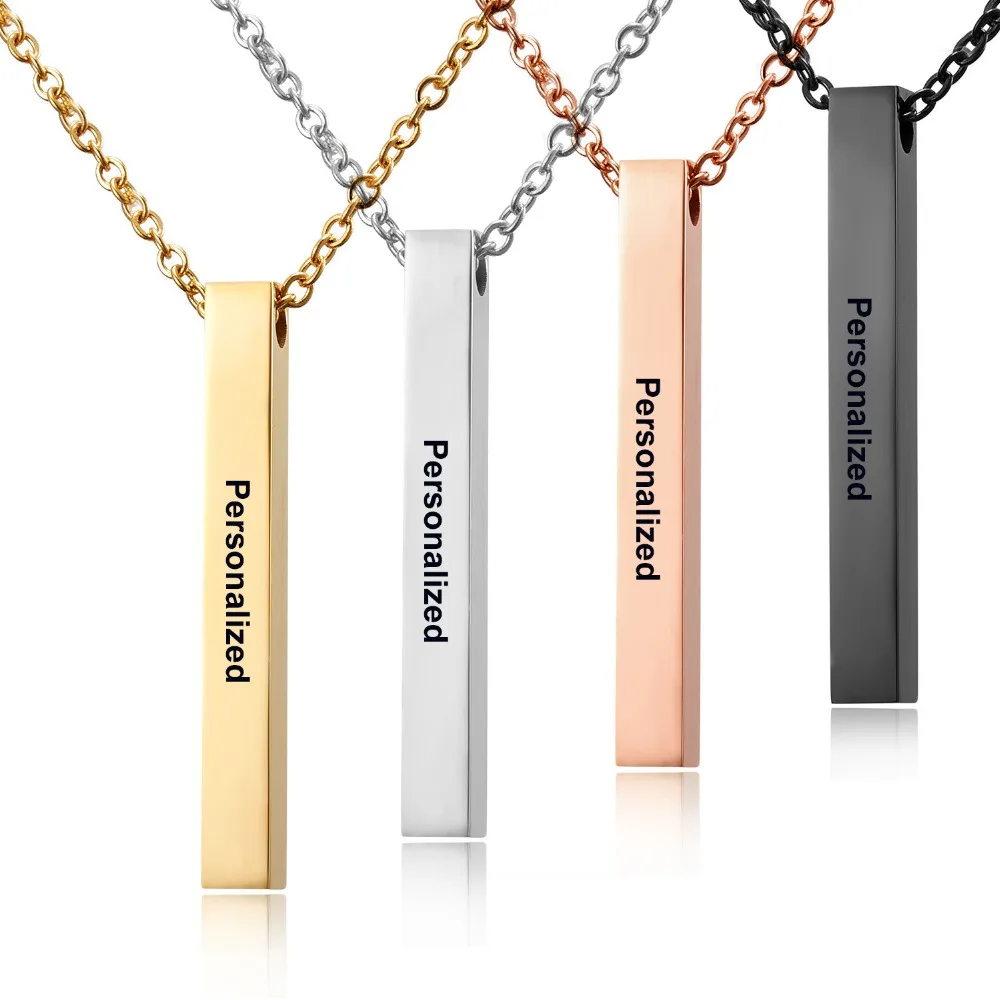 

Simple Fashion Stainless Steel 4 Sides Vertical Blank Bar Necklace Engraved Name Date Chain Necklace For Women Men Birthday Gift