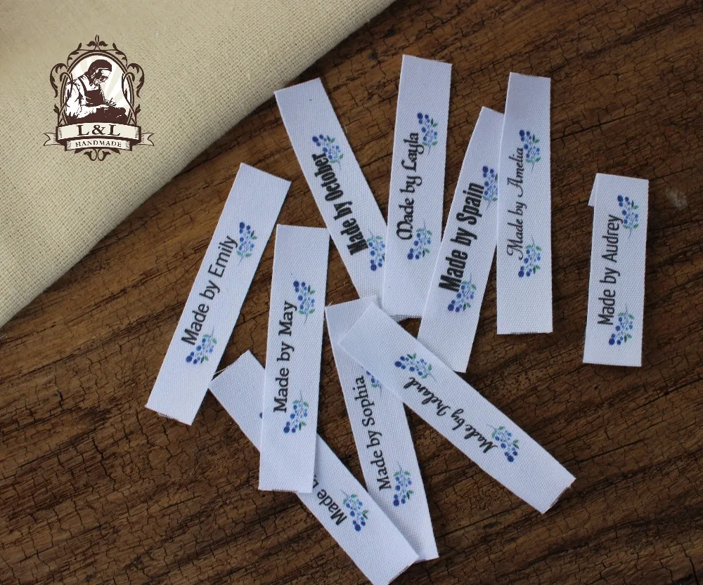 Custom Blue flower labels Sewing Labels Clothing Tags Flat folding Cotton Ribbon Label kids or baby (MD537) | Дом и сад