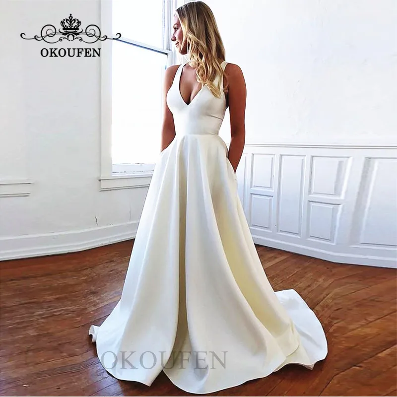 Простое Белое Атласное Свадебное платье для женщин 2019 глубокий v-образный вырез