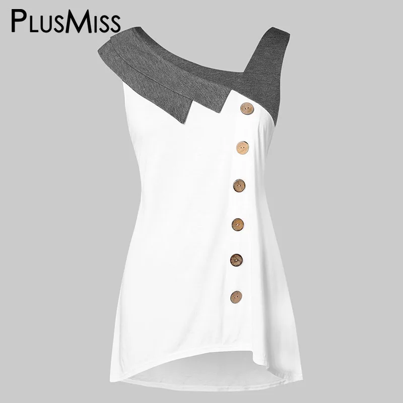 PlusMiss размера плюс 5XL косым воротником Кнопка Туника безрукавки для XXXXL XXXL XXL Для