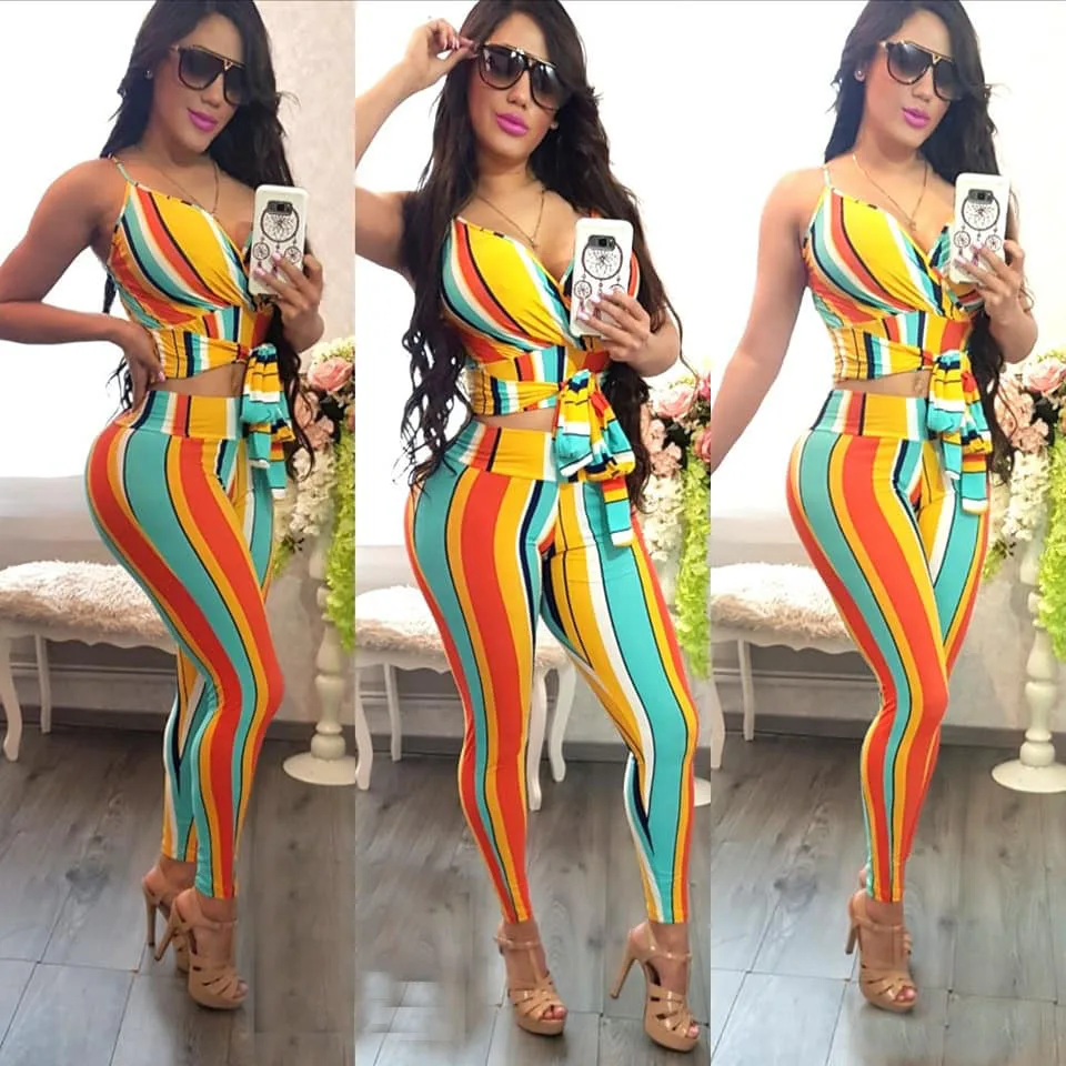 2019 African womenswear summer women's pinstripe v-neck necktie bottom tights suit 2pcs sexy beach resort sport s | Тематическая