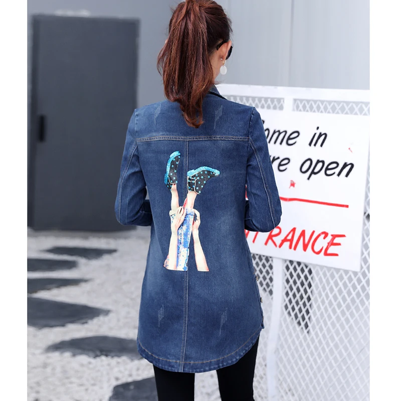 Осень Для женщин Джинсы для Куртки печати с длинным рукавом джинсовой Пальто