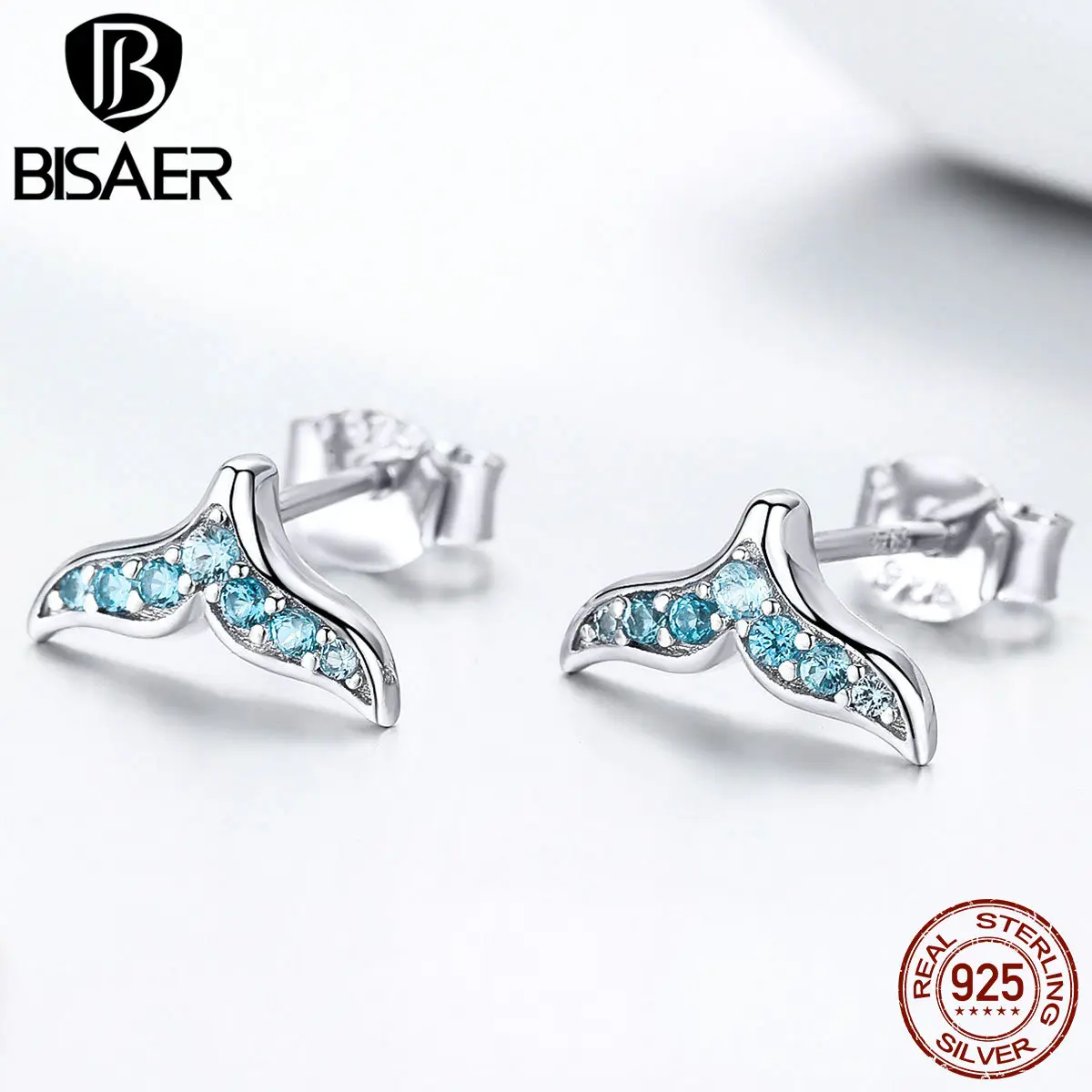 BISAER, 925 пробы, серебряные дешевые серьги, голубой циркон, рыбий хвост, Русалочка, маленькие серьги-гвоздики, женские серебряные ювелирные изделия, серьги EFE058