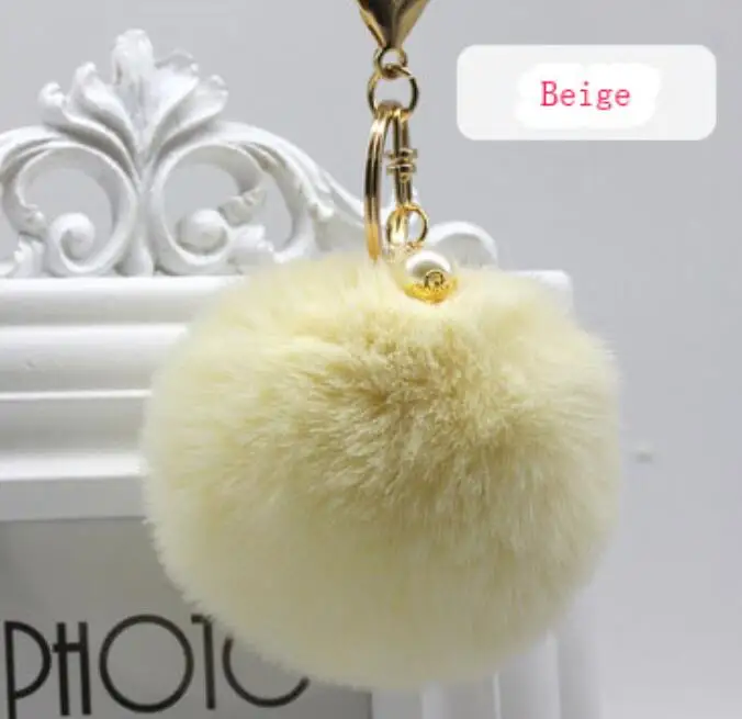 BEIGE Большая шаровая Сумочка с брелоком из искусственного жемчуга и кроличьего меха, плюшевое кольцо с помпоном из искусственного меха, узорная цепь, подвеска с помпонами - Цвет: BEIGE
