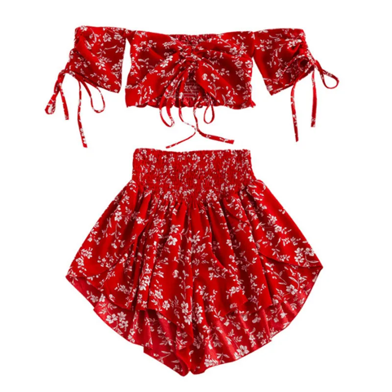 Пляжный костюм Boho Женский комплект с открытыми плечами и цветочным принтом