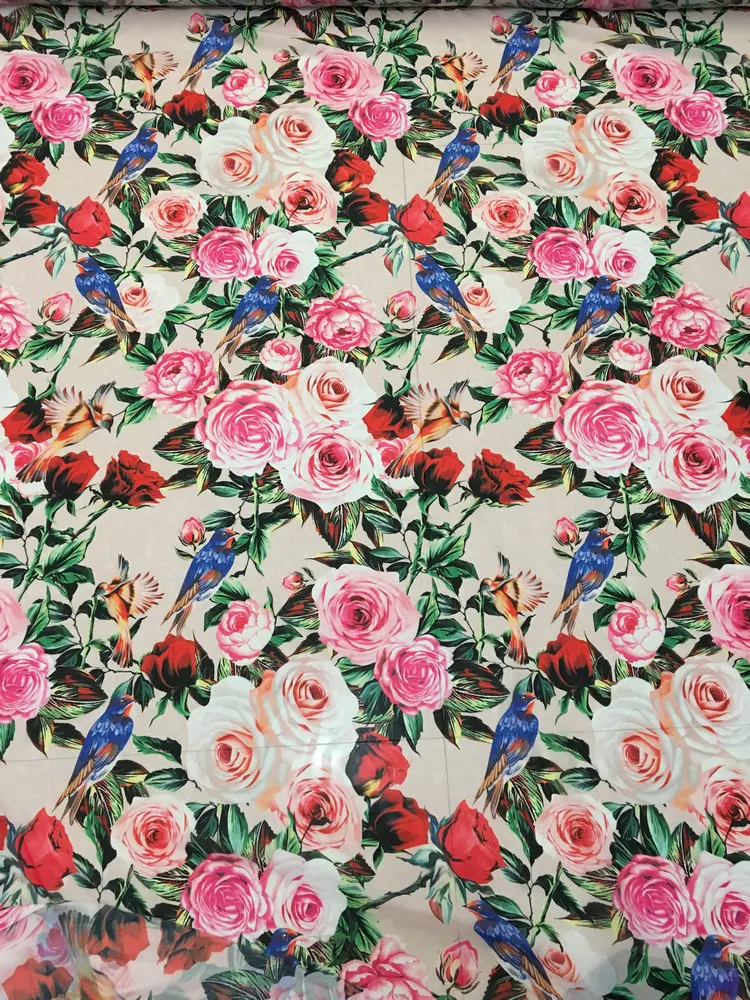 Шелковая шифоновая ткань с цветочным принтом и птицами тонкая мягкая для платья