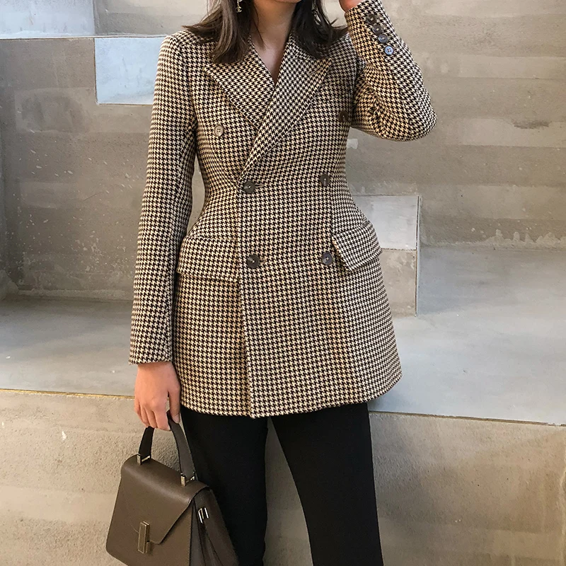 

Autumn winter feminino retro plaid suit jacket women straight casual woolen jacket Plaid wool suit Female Suit Plaid Slim Blazer