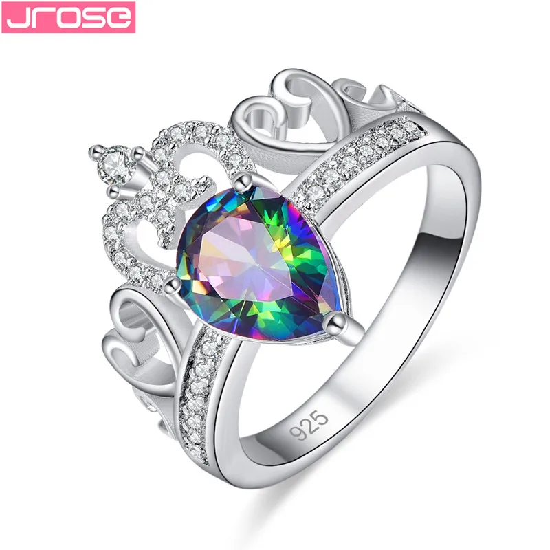 JROSE, модное серебро 925, ювелирное изделие, принцесса, корона, кольца для женщин, AAA кубический цирконий, микро проложить, установка, обручальные кольца - Цвет основного камня: Multicful