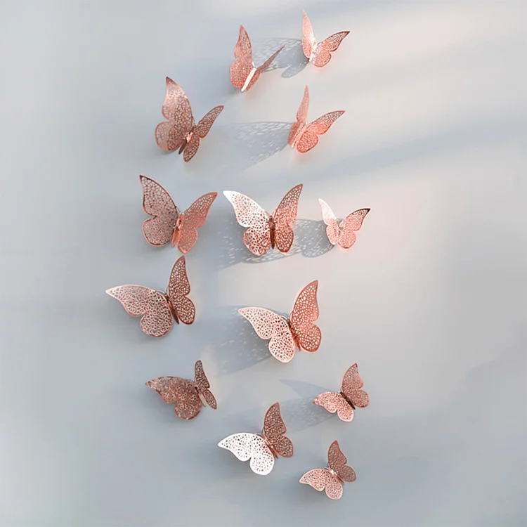 Rose gold B 12 шт./компл. розовое золото 3D полые настенное украшение в виде бабочки Стикеры для домашнего декора бабочки наклейки для украшения комнаты для вечерние Свадебный декор - Цвет: Rose gold B