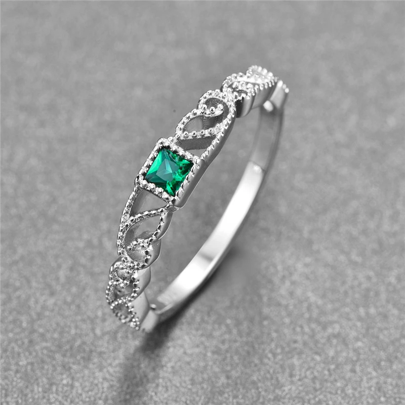 Newest Design 925 Sterling Silver Women Elegant Geometric Square Green CZ Ring Hollow Out Wedding Engagement Rings Jewelry | Украшения и