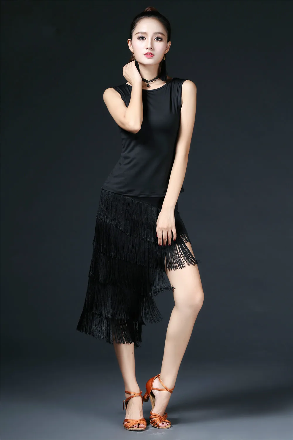 

New Latin Dance Dress Women Stage Costume Drawstring Beveled Fringe Skirt Female High end Latin Rumba Belly Dance Set