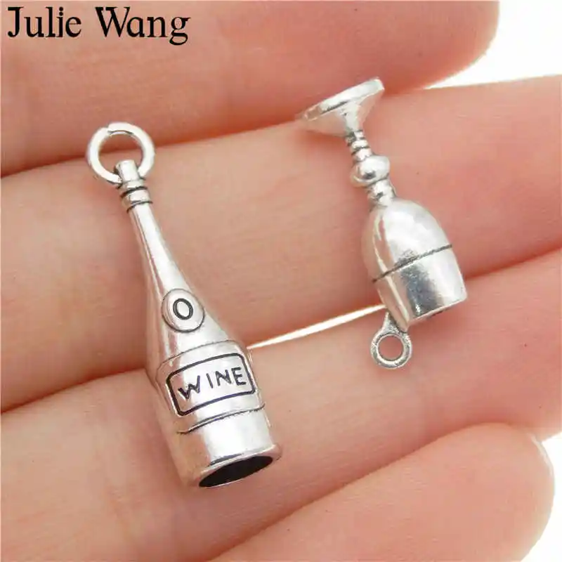 Julie Wang 12PCS Wine Bottle Goblet Charms Alloy Antique Silver Color Earrings Bracelet Jewelry Making Pendant Metal Accessory