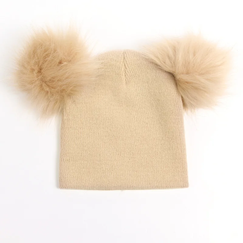 New Autumn Winter Crochet Children Hats Fur Pom Pom Ball Hat Kids Knit Beanie Hats Girl Boy Wool Cap Baby Toddler Beanies Caps - Цвет: beige