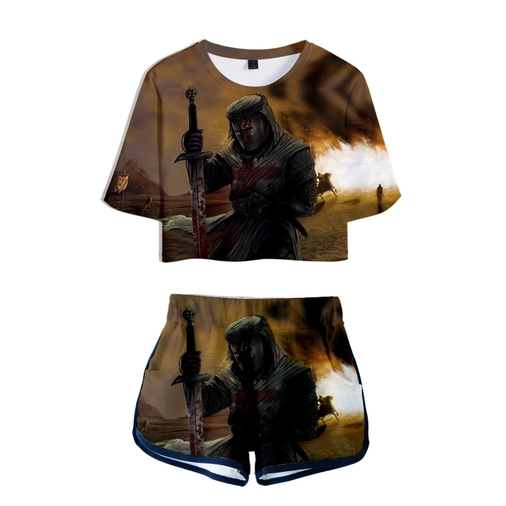 

Knights templar 3D Casual swomen Print Summer sexy Two Pieces sets Women shorts and crop tops 2019 Cool Hot Sale Plus Size xxl