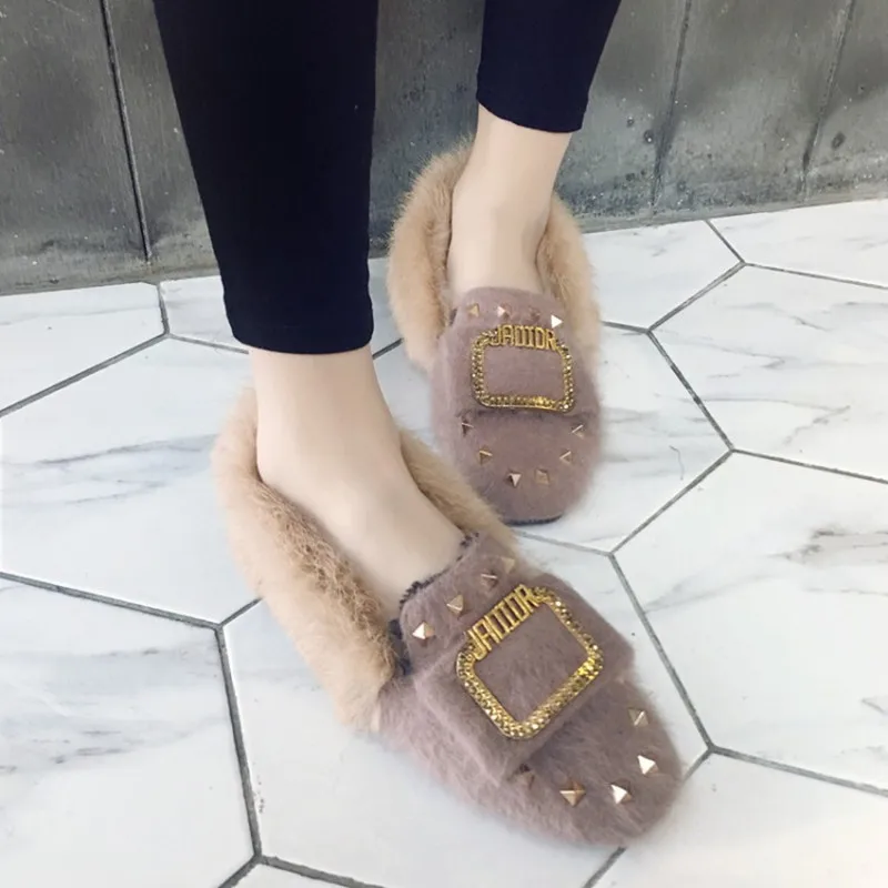 Plus Size 34-44 Fashion Metal Decoration Animal Rabbit Hair Rivet Flat Shoes Slip On Woman Fur Loafers warm plush winter shoes