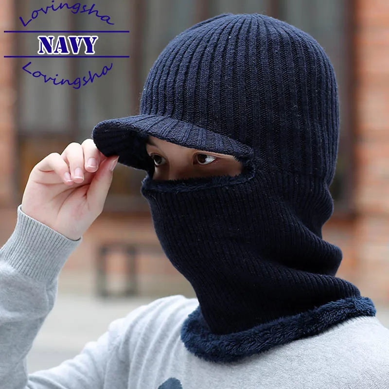 Dark Blue LOVINGSHA, Балаклава, мужская вязаная шапка, шарф, шапка, теплая маска, зимние шапки для женщин, Skullies Beanies, Теплая Флисовая шапка, HT088 - Цвет: Dark Blue