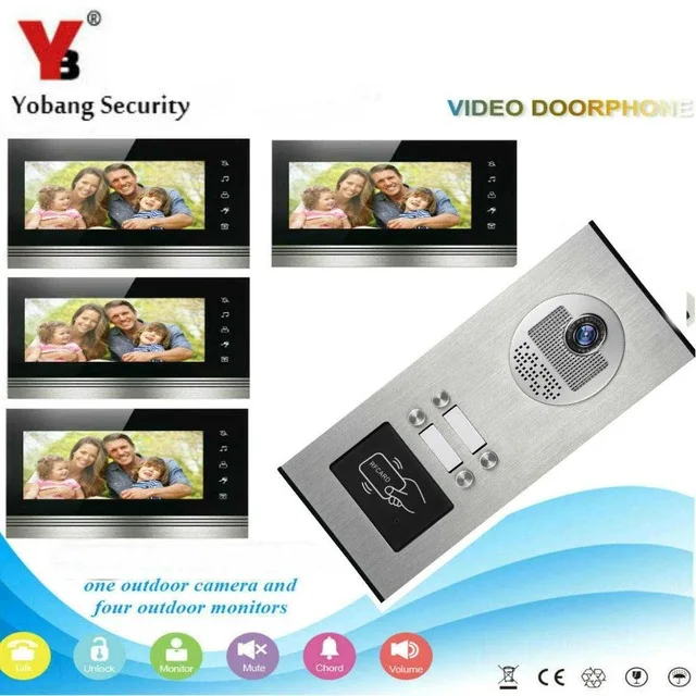 YobangSecurity блок 4 квартира видео телефон двери 7 дюймов LCD HD кабель дверной звонок