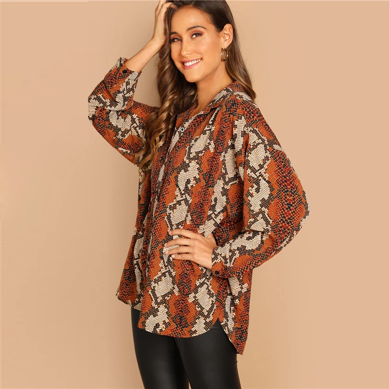 Sheinside Oversized Snake Print Women Blouse Shirt Autumn Long Sleeve Top Female OL Work Casual Womens Tops And Blouses