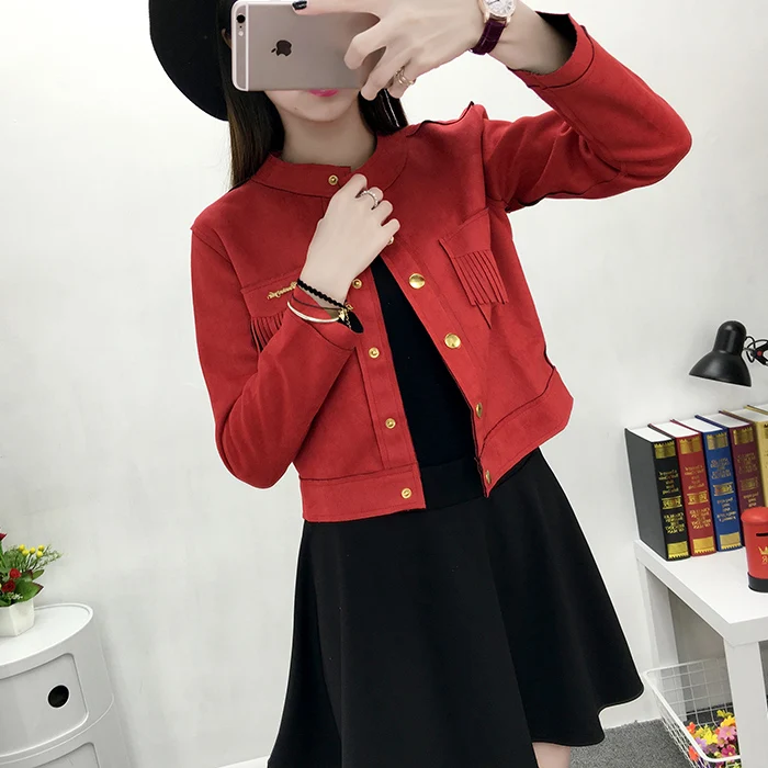 

Spring and autumn short jacket female College Wind long-sleeved short paragraph small waist tassel jacket