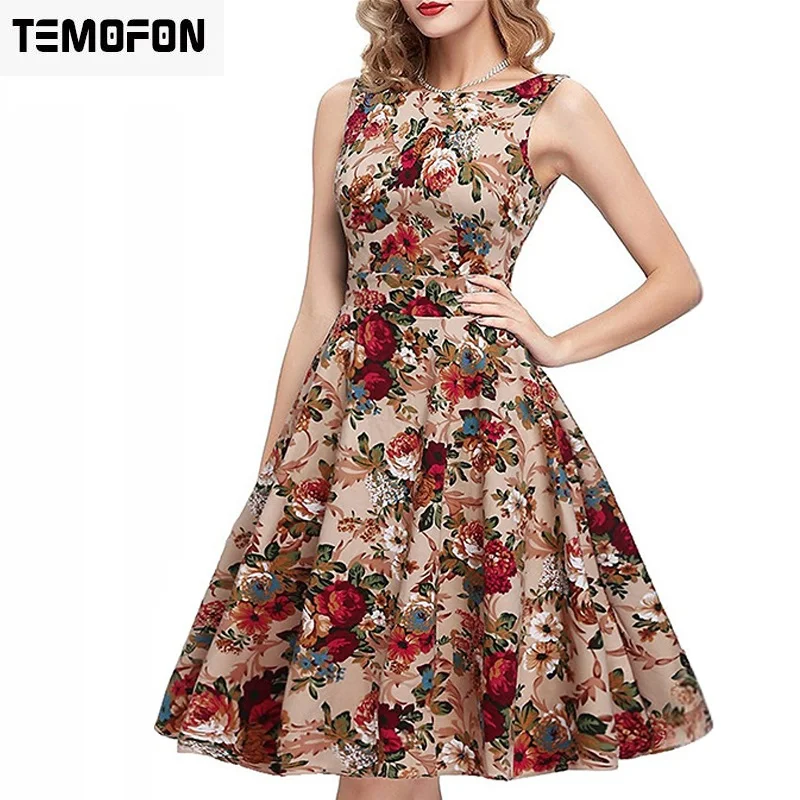 TEMOFON Women Summer Dresses Elegant Printing Sleeveless Dress Casual Party O-neck Female Ball Gown Colorful ELD07 | Женская одежда