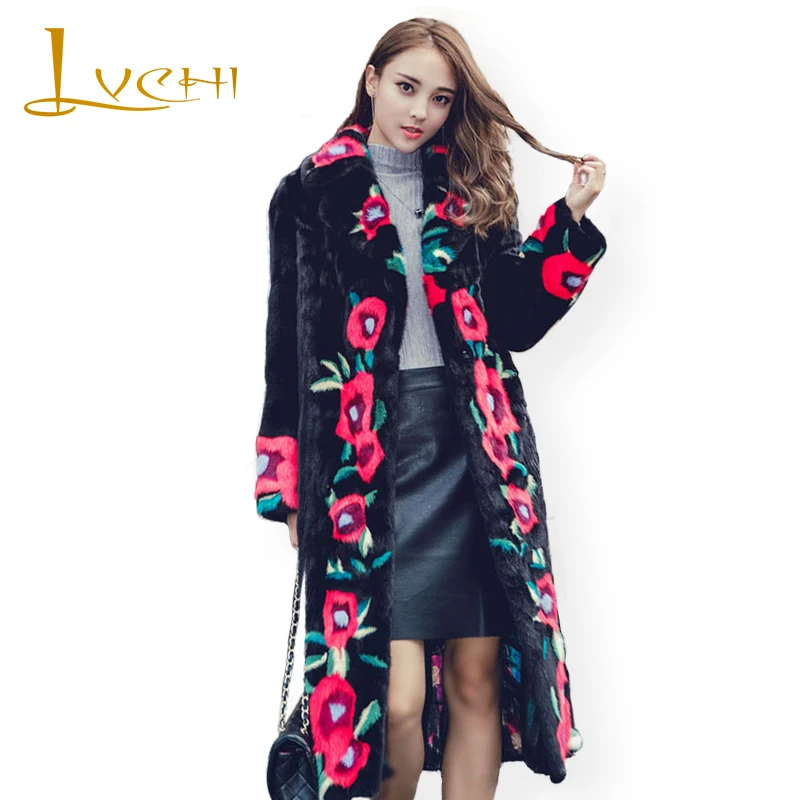 LVCHI female length noble winter Customizable Fur coat mink fur jacket stylish 3D floral new women thick maxi real mink coats