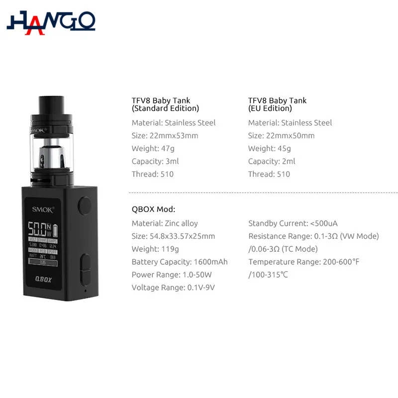 Оригинал smok qbox комплект standard edition q box mod 1600 мАч 50 Вт батареи tfv8 ребенок бак 3 мл vape kit