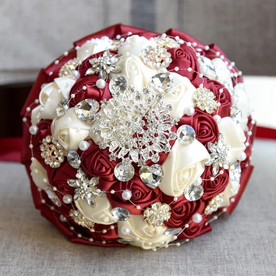 wine red white Искусственный цветок красный и белый горный хрусталь жемчужная лента букет свадебное для невесты подружки невесты держащей цветы украшения PE цветы - Цвет: wine red white