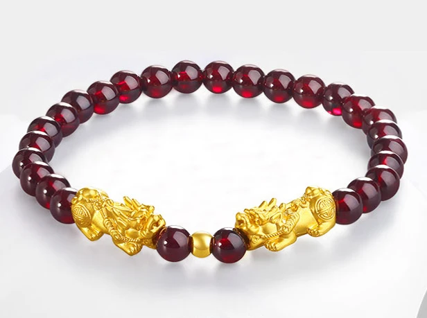 Браслет с красными гранатовыми бусинами имитация золота 3D двойной пиксиу