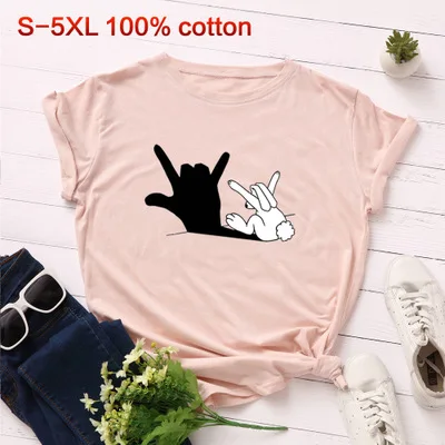 pink SINGRAIN забавный кролик размера плюс футболка женская мультфильм тройники милые животные базовые Топы новая Harajuku Летняя Повседневная хлопковая футболка - Цвет: pink