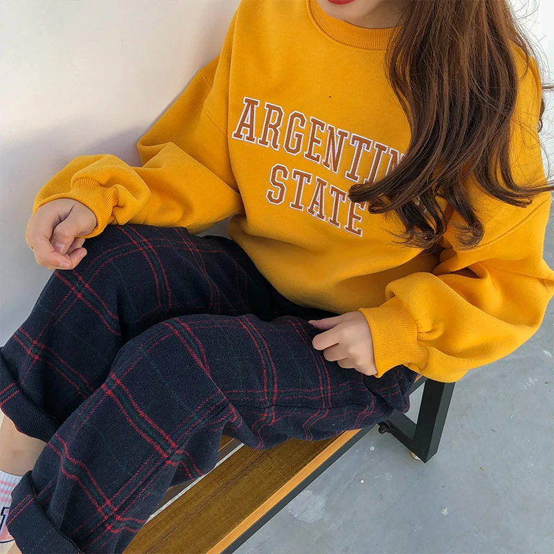 Женские корейские Kawaii Ulzzang свободные клетчатые свободные бархатные штаны повседневные студенческие женские милые японские Харадзюку