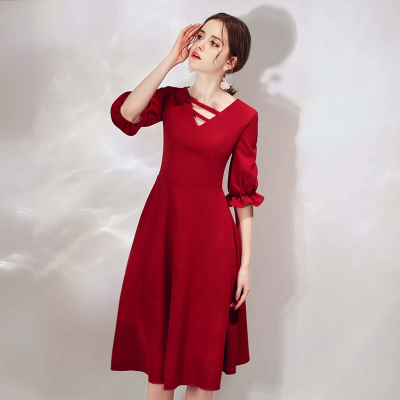 He's Bride New Simple Cocktail Dress V-neck Elbow Sleeve Zipper Back Formal Party Gown Robe De Soiree | Свадьбы и торжества