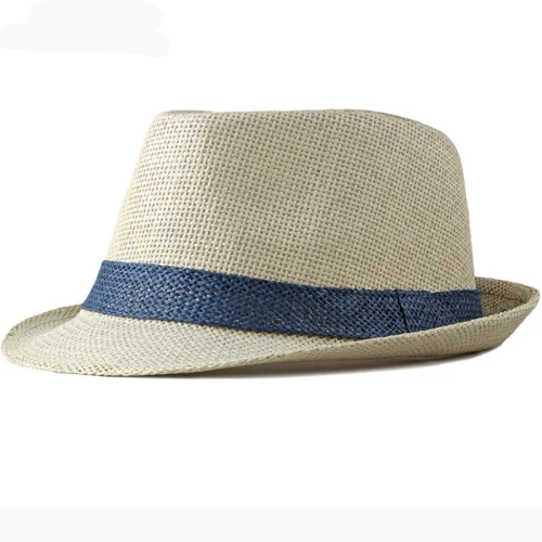 Beige and Blue Band HT2378 Летняя женская и мужская фетровая соломенная шляпа с короткими полями, Трилби, Панама, мужские соломенные пляжные шляпы от солнца для мужчин, дышащая фетровая шляпа - Цвет: Beige and Blue Band