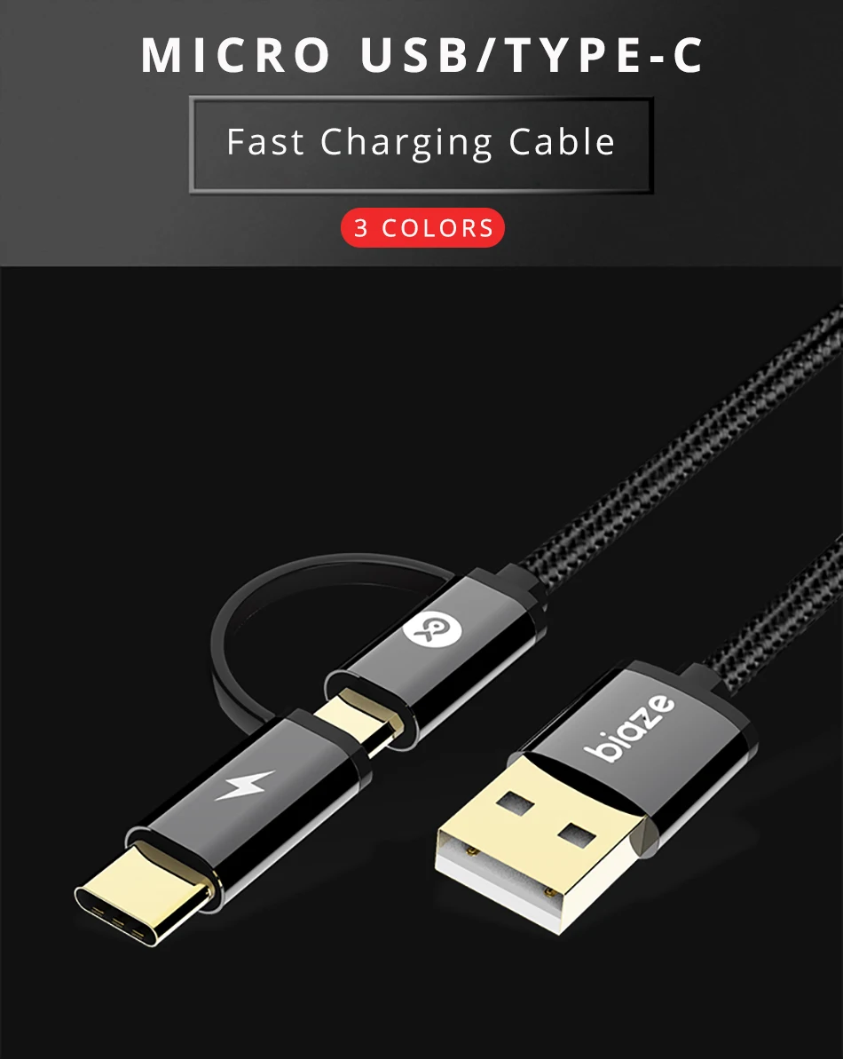 Biaze Micro USB кабель для samsung S9 Plus 2 в 1 usb type C кабель для быстрой зарядки данных USB C кабель для Xiaomi кабели для мобильных телефонов