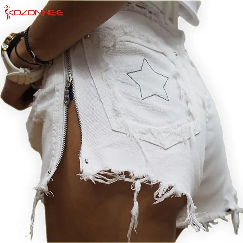 

Women Side Zipper Denim Shorts High Waist Straps Hole Denim Shorts Female Summer Jeans Short #06