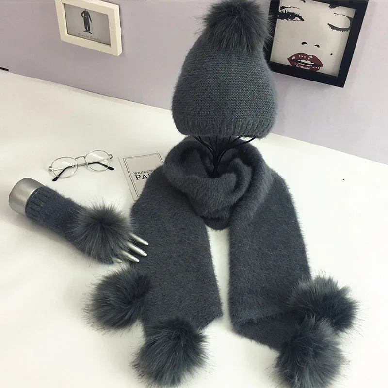 Winter Knitted Wool Hat Scarf Gloves Set Warm Three sets Women Men Plus velvet thickening women ball caps scarf girls - Цвет: dark grey