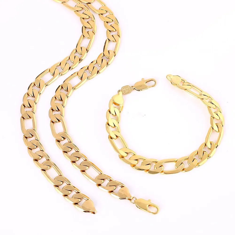 

Yellow Gold Filled 10mm Mens Bracelet + Necklace Jewelry Set Figaro Chain (24"+9") 90g