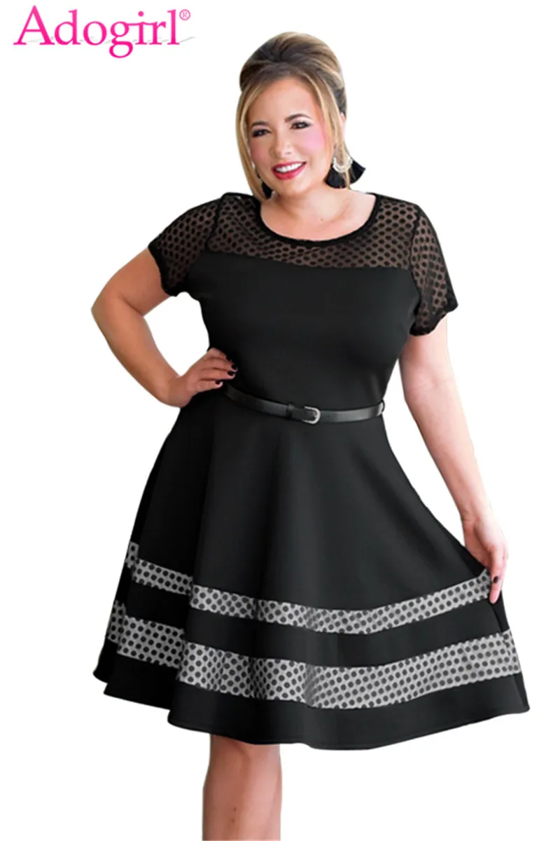 Adogirl черное платье в горошек с юбкой сеткой поясом Элегантное летнее коротким