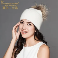 charles perra women hats winter wool knitted hat with big hairball elegant lady casual caps new female beanies d302