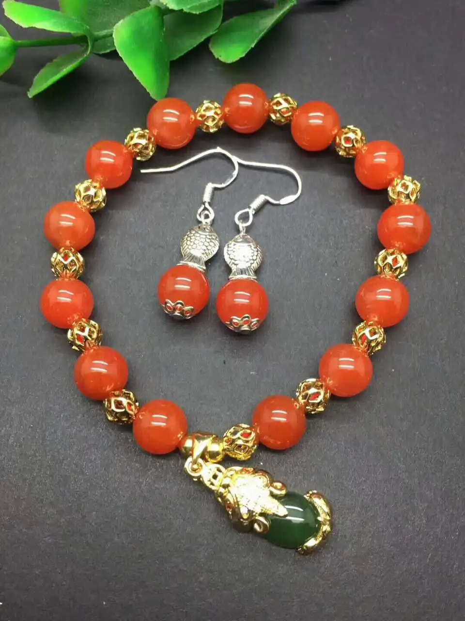 

Natural agate bracelet bracelet with southern Red Jasper brave small Pendant 925 Silver Inlay Earrings fashionable chic