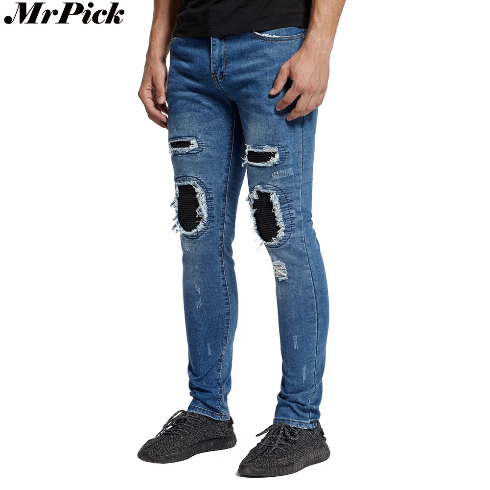 Мужские зауженные джинсы повседневные дизайнерские кожаные стрейч до колена